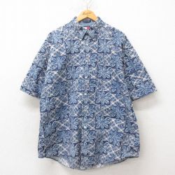 XL★古着 トミーヒルフィガー TOMMY HILFIGER 半袖 ブランド ハワイアン シャツ メンズ 90年代 90s 花柄 大きいサイズ コットン ボタンダウン 紺 ネイビー 25jun09 中古 アロハ トップス