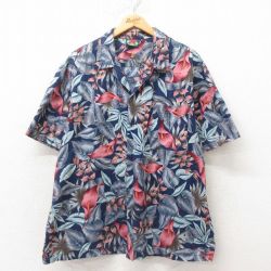 XL★古着 半袖 ハワイアン シャツ メンズ 90年代 90s 花柄 大きいサイズ コットン 開襟 オープンカラー 紺 ネイビー 25jun09 中古 アロハ トップス