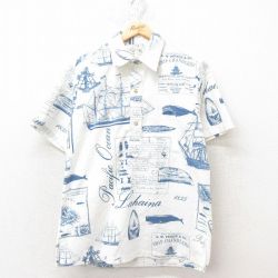M★古着 半袖 ハワイアン トップス メンズ 80年代 80s 船 クジラ 白 ホワイト 25jun09 中古 アロハ