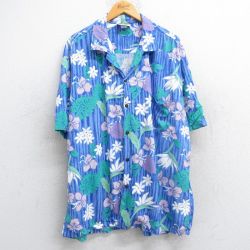 XL★古着 半袖 ハワイアン シャツ メンズ 90年代 90s ハイビスカス 葉　総柄 大きいサイズ レーヨン 開襟 オープンカラー ハワイ製 青他 ブルー 25jun09 中古 アロハ トップス