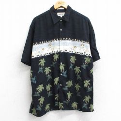XL★古着 半袖 ハワイアン シャツ メンズ 00年代 00s ヤシの木 女性 レーヨン 黒他 ブラック 25jun09 中古 アロハ トップス