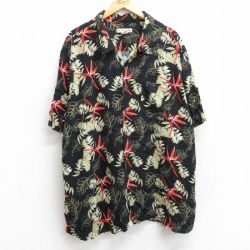 XL★古着 半袖 ハワイアン シャツ メンズ 葉 総柄 レーヨン 開襟 オープンカラー 黒他 ブラック 25jun09 中古 アロハ トップス