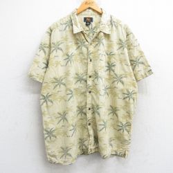 XL★古着 ルート66 半袖 ハワイアン シャツ メンズ 00年代 00s ヤシの木 総柄 大きいサイズ コットン 開襟 オープンカラー ベージュ他 カーキ 25jun09 中古 アロハ トップス