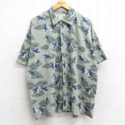 XL★古着 マンシングウェア 半袖 ハワイアン シャツ メンズ ハイビスカス 葉 総柄 大きいサイズ コットン 緑系他 グリーン 25jun09 中古 アロハ トップス