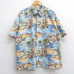 【50%OFF】XL★古着 半袖 ハワイアン シャツ メンズ 00年代 00s 花 ヤシの木 総柄 大きいサイズ kととん 水色他 25jun09 中古 アロハ トップス