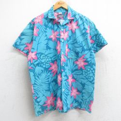 L★古着 半袖 ハワイアン シャツ メンズ 90年代 90s 花 総柄 コットン 開襟 オープンカラー USA製 水色他 25jun09 中古 アロハ トップス
