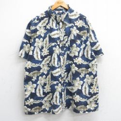 XL★古着 半袖 ハワイアン シャツ メンズ ハイビスカス 総柄 大きいサイズ コットン 紺他 ネイビー 25jun09 中古 アロハ トップス