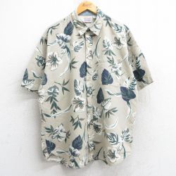XL★古着 ビューグルボーイ 半袖 ハワイアン シャツ メンズ 90年代 90s ハイビスカス 葉 総柄 大きいサイズ ベージュ他 カーキ 25jun09 中古 アロハ トップス