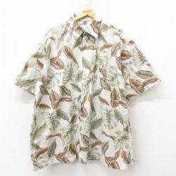 【50%OFF】XL★古着 ピエールカルダン pierre cardin 半袖 ブランド ハワイアン シャツ メンズ 90年代 90s 葉 大きいサイズ コットン 薄ベージュ カーキ 25jun10 中古 アロハ トップス