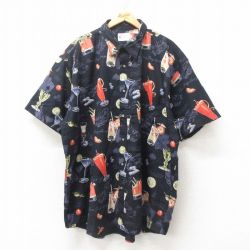 【50%OFF】XL★古着 半袖 ハワイアン シャツ メンズ カクテル 大きいサイズ ロング丈 黒 ブラック 25jun10 中古 アロハ トップス