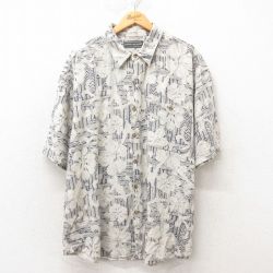 XL★古着 半袖 ハワイアン シャツ メンズ 90年代 90s 花柄 大きいサイズ シルク 薄ベージュ カーキ 25jun10 中古 アロハ トップス