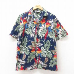 M★古着 半袖 ハワイアン シャツ メンズ 90年代 90s 鳥 コットン 開襟 オープンカラー ハワイ製 紺 ネイビー 25jun10 中古 アロハ トップス