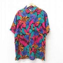 【50%OFF】XL★古着 半袖 ハワイアン シャツ メンズ 00年代 00s 花柄 レーヨン 青緑 25jun10 中古 アロハ トップス