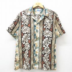 M★古着 半袖 ハワイアン シャツ メンズ 90年代 90s 船 花 コットン 開襟 オープンカラー USA製 茶系他 ブラウン 25jun10 中古 アロハ トップス