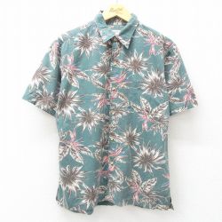 L★古着 半袖 ハワイアン シャツ メンズ 90年代 90s 葉 総柄 コットン USA製 緑 グリーン 25jun10 中古 アロハ トップス