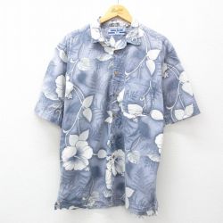 L★古着 半袖 ハワイアン シャツ メンズ ハイビスカス 総柄 開襟 オープンカラー 薄紺他 ネイビー 25jun10 中古 アロハ トップス