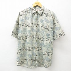 【50%OFF】XL★古着 半袖 ハワイアン シャツ メンズ ヤシの木 総柄 シルク グレー系 25jun10 中古 アロハ トップス