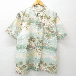 【50%OFF】XL★古着 半袖 ハワイアン シャツ メンズ 90年代 90s ヤシの木 海 大きいサイズ 薄緑系 グリーン 25jun10 中古 アロハ トップス