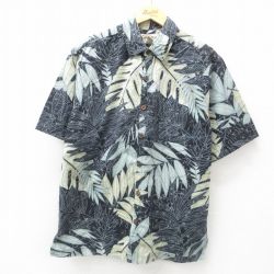XL★古着 半袖 ハワイアン シャツ メンズ 00年代 00s 葉 総柄 コットン 黒 ブラック 25jun10 中古 アロハ トップス