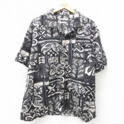 XL★古着 半袖 ハワイアン シャツ メンズ 葉 ヤシの木 総柄 大きいサイズ シルク 開襟 オープンカラー 黒 ブラック 25jun10 中古 アロハ トップス