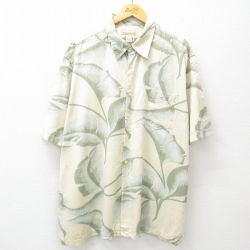 XL★古着 半袖 ハワイアン シャツ メンズ 葉 総柄 大きいサイズ ロング丈 シルク 薄ベージュ カーキ 25jun10 中古 アロハ トップス