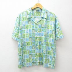 L★古着 半袖 ハワイアン シャツ メンズ 90年代 90s 魚 ヒトデ 総柄 レーヨン 開襟 オープンカラー 緑他 グリーン 25jun10 中古 アロハ トップス