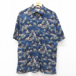 L★古着 半袖 ハワイアン シャツ メンズ 00年代 00s ヤシの木 船 総柄 レーヨン 紺他 ネイビー 25jun10 中古 アロハ トップス