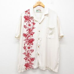XL★古着 半袖 ハワイアン シャツ メンズ ハイビスカス 大きいサイズ 開襟 オープンカラー 生成り他 25jun10 中古 アロハ トップス