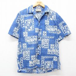 L★古着 半袖 ハワイアン シャツ メンズ 90年代 90s 総柄 コットン 開襟 オープンカラー ハワイ製 紺他 ネイビー 25jun10 中古 アロハ トップス