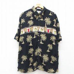 XL★古着 ピエールカルダン pierre cardin 半袖 ハワイアン シャツ メンズ 90年代 90s ヤシの木 カクテル レーヨン 黒他 ブラック 25jun10 中古 アロハ トップス