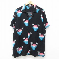 XL★古着 no boundaries 半袖 ハワイアン シャツ メンズ 夕日 ヤシの木 総柄 レーヨン 開襟 オープンカラー 黒他 ブラック 25jun10 中古 アロハ トップス