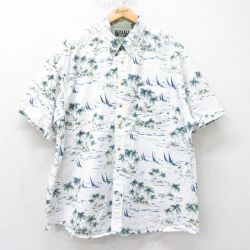 XL★古着 半袖 ハワイアン シャツ メンズ 00年代 00s ヤシの木 大きいサイズ コットン ボタンダウン 白他 ホワイト 25jun19 中古 アロハ トップス