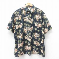 XL★古着 ピエールカルダン pierre cardin 半袖 ハワイアン シャツ メンズ 90年代 90s ヤシの木 ハイビスカス コットン 黒他 ブラック 25jun19 中古 アロハ トップス