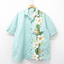 XL★古着 半袖 ハワイアン シャツ メンズ 90年代 90s ハイビスカス 大きいサイズ コットン 開襟 オープンカラー ハワイ製 緑系他 グリーン 25jun19 中古 アロハ トップス