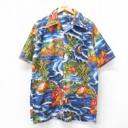 【50%OFF】XL★古着 半袖 ハワイアン シャツ メンズ 00年代 00s サーフィン ヤシの木 コットン 開襟 オープンカラー 紺他 ネイビー 25jun19 中古 アロハ トップス