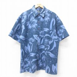 XL★古着 ガッチャ GOTCHA 半袖 ハワイアン シャツ メンズ ハイビスカス ロング丈 紺他 ネイビー 25jun19 中古 アロハ トップス