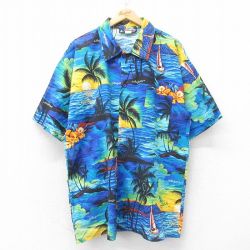 XL★古着 半袖 ハワイアン シャツ メンズ 90年代 90s ヤシの木 ハイビスカス ヨット ロング丈 コットン USA製 紺他 ネイビー 25jun19 中古 アロハ トップス