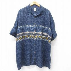 XL★古着 半袖 ハワイアン シャツ メンズ ハイビスカス ヤシの木 大きいサイズ ロング丈 レーヨン 開襟 オープンカラー 紺他 ネイビー 25jun19 中古 アロハ トップス