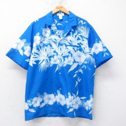 L★古着 半袖 ハワイアン シャツ メンズ 90年代 90s ハイビスカス 開襟 オープンカラー 青他 ブルー 25jun19 中古 アロハ トップス