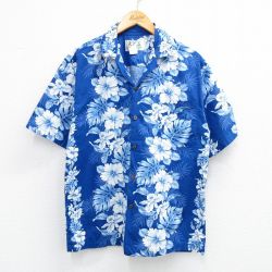 L★古着 半袖 ハワイアン シャツ メンズ 90年代 90s ハイビスカス コットン 開襟 オープンカラー ハワイ製 青他 ブルー 25jun21 中古 アロハ トップス
