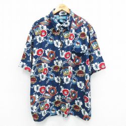 XL★古着 ビッグドッグス 半袖 ハワイアン シャツ メンズ 00年代 00s ハイビスカス 犬 総柄 大きいサイズ レーヨン 紺他 ネイビー 【spe】 25jun21 中古 アロハ トップス