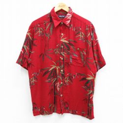 L★古着 ピューリタン 半袖 ハワイアン シャツ メンズ 00年代 00s 葉 総柄 レーヨン 赤他 レッド 25jun21 中古 アロハ トップス