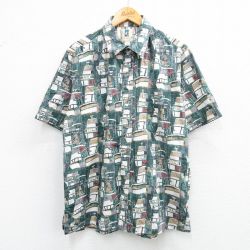 XL★古着 カハラ 半袖 ハワイアン シャツ メンズ 00年代 00s 船 総柄 手織り コットン ハワイ製 緑他 グリーン 【spe】 25jun21 中古 アロハ トップス