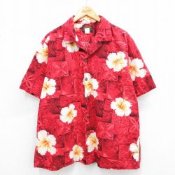 XL★古着 半袖 ハワイアン シャツ メンズ 90年代 90s ハイビスカス 総柄 大きいサイズ コットン ハワイ製 赤他 レッド 25jun21 中古 アロハ トップス