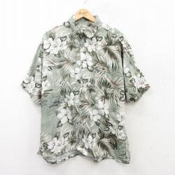 XL★古着 半袖 ハワイアン シャツ メンズ ハイビスカス 地図 総柄 大きいサイズ レーヨン 薄緑他 グリーン 25jun24 中古 アロハ トップス