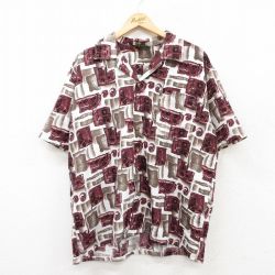 XL★古着 半袖 ハワイアン シャツ メンズ 00年代 00s 総柄 大きいサイズ 開襟 オープンカラー エンジ他 25jun24 中古 アロハ トップス