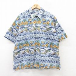 【50%OFF】XL★古着 ピエールカルダン pierre cardin 半袖 ブランド ハワイアン シャツ メンズ 90年代 90s ハイビスカス フルーツ 大きいサイズ コットン 薄紺他 ネイビー 25jun24 中古 アロハ トップス