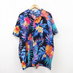 XL★古着 半袖 ハワイアン シャツ メンズ ハイビスカス パイナップル 総柄 大きいサイズ ロング丈 開襟 オープンカラー 黒他 ブラック 25jun24 中古 アロハ トップス