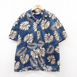 XL★古着 半袖 ハワイアン シャツ メンズ 90年代 90s 葉 大きいサイズ コットン 開襟 オープンカラー ハワイ製 紺他 ネイビー 25jun24 中古 アロハ トップス