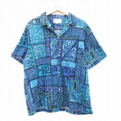 XL★古着 半袖 ハワイアン シャツ メンズ 90年代 90s ハイビスカス 開襟 オープンカラー ハワイ製 紺他 ネイビー 25jun24 中古 アロハ トップス
